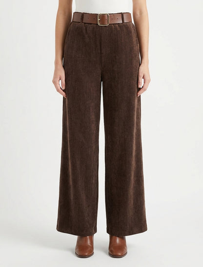 Pantalon effet velours à taille élastiquée - Marron