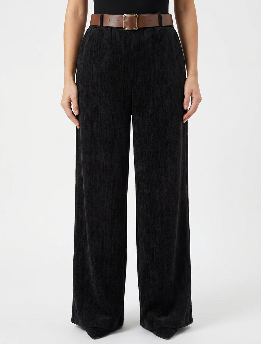 Pantalon effet velours à taille élastiquée - Noir
