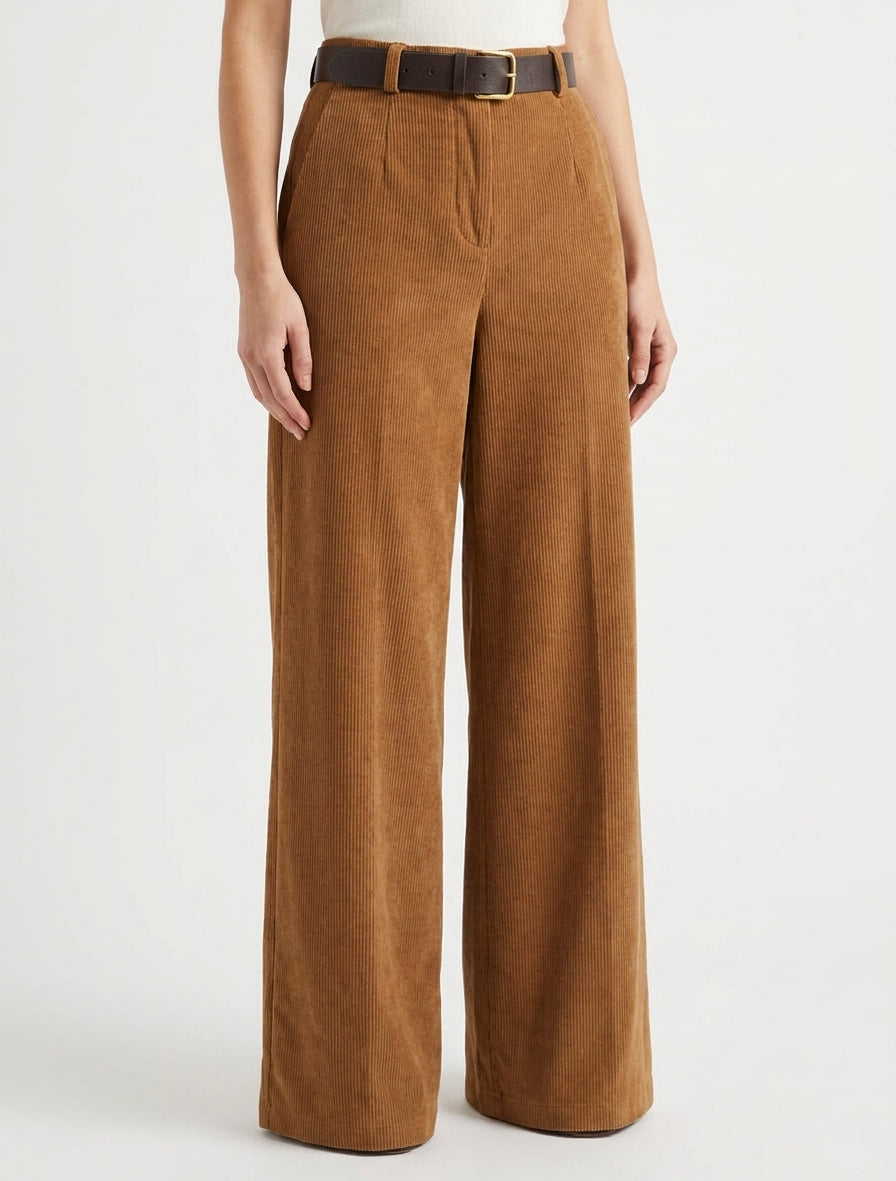 Geribbelde effen broek - Kameel