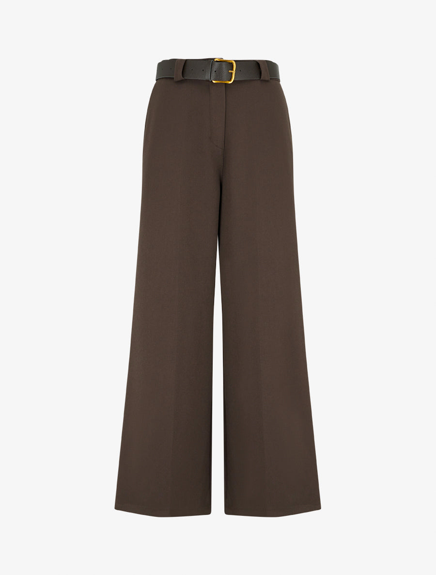 Pantalon ample uni à taille haute élastiquée - Marron - 1