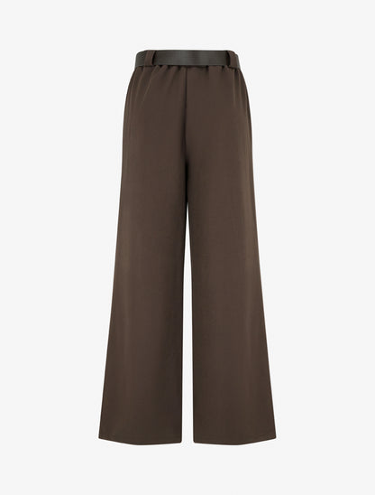 Pantalon ample uni à taille haute élastiquée - Marron - 2
