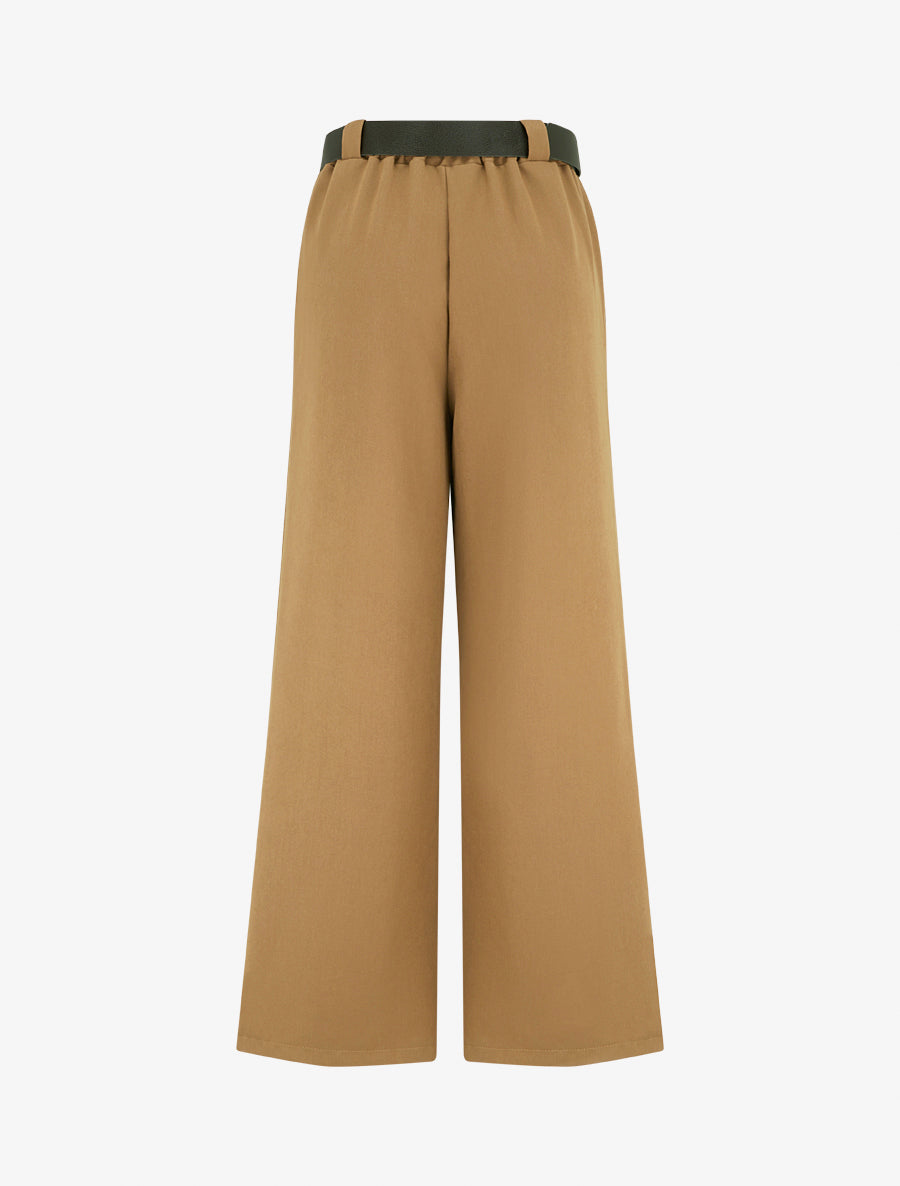 Pantalon ample uni à taille haute élastiquée - Camel - 2