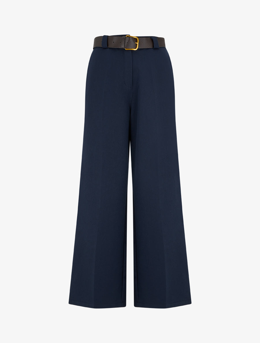 Pantalon ample uni à taille haute élastiquée - Marine - 1