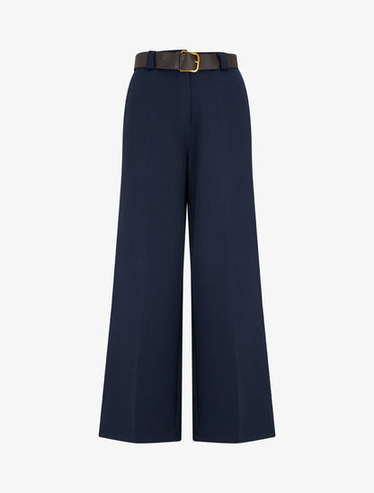 Pantalon ample uni à taille haute élastiquée - Marine - 1