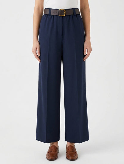 Pantalon ample uni à taille haute élastiquée - Marine