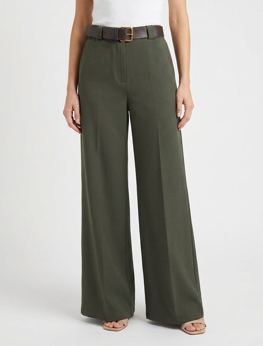 Effen wijde broek met elastische hoge taille - Kaki