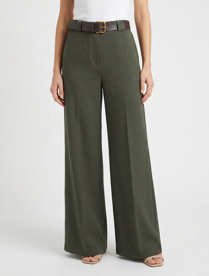 Effen wijde broek met elastische hoge taille - Kaki