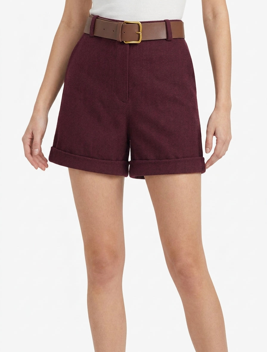 Vilten short met riem - Wijnrood