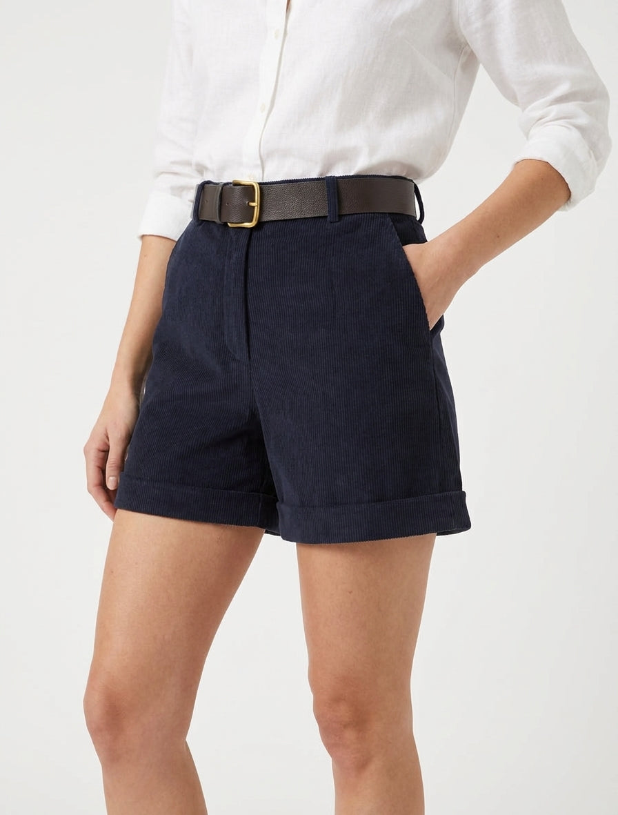 Hoog getailleerde corduroy korte broek - Marine