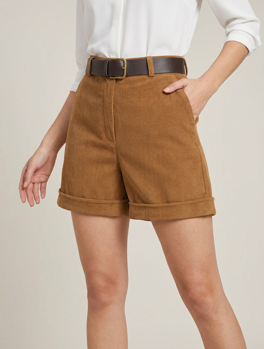 Hoog getailleerde corduroy korte broek - Kameel