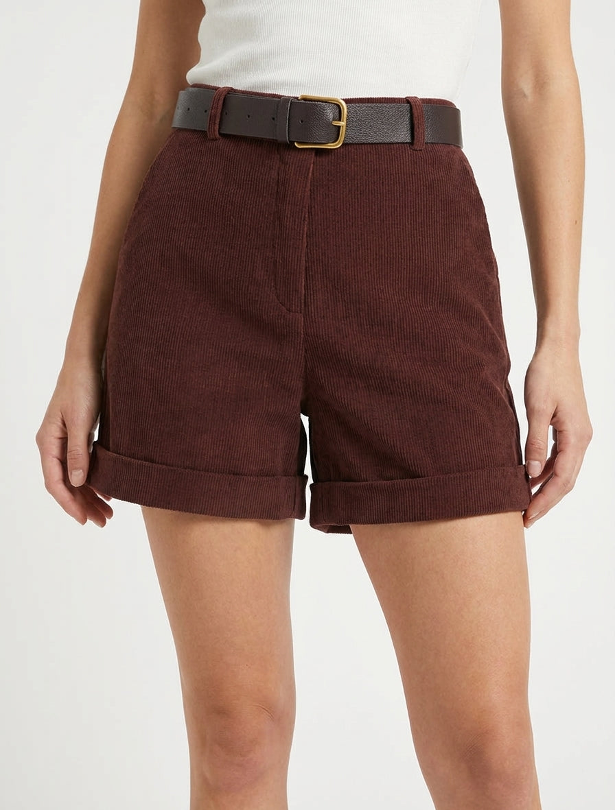 Short droit en velours côtelé taille haute - Bordeaux foncé