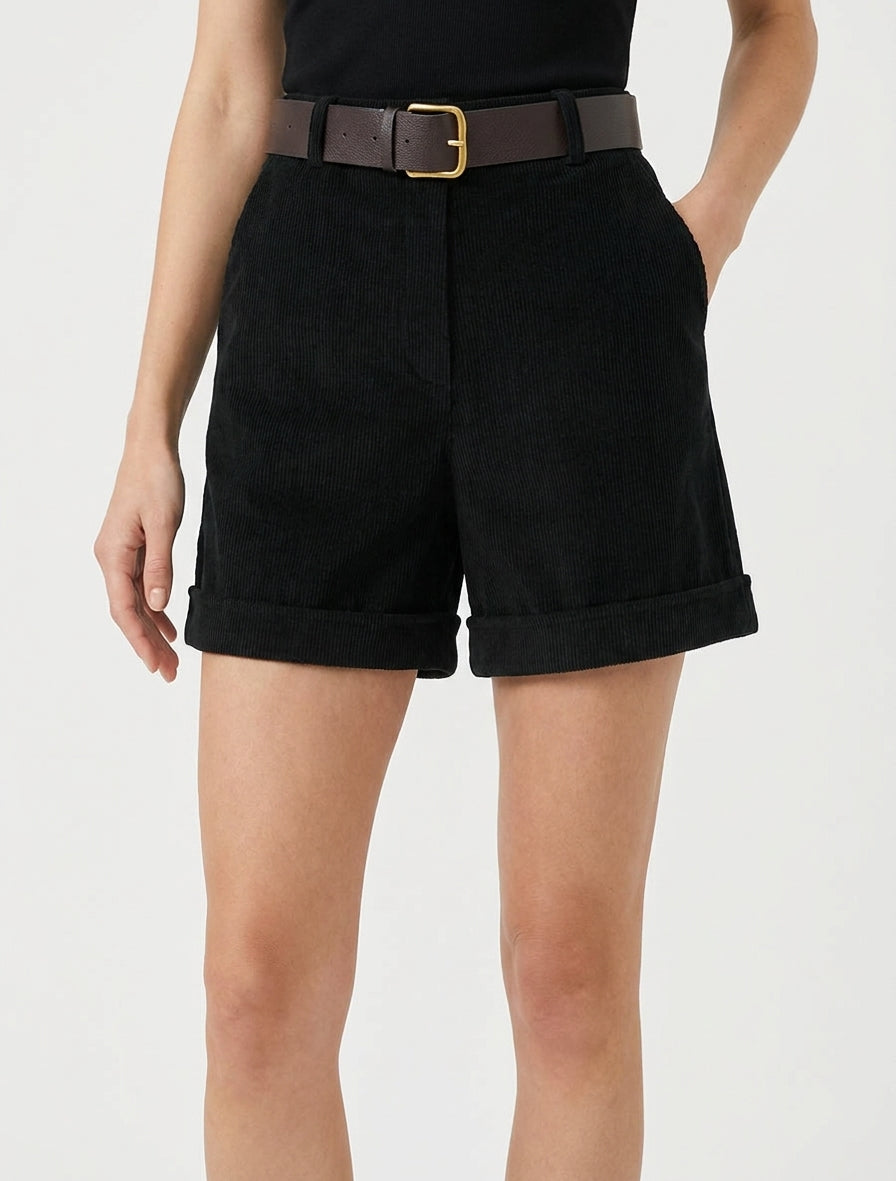 Hoog getailleerde corduroy korte broek - Zwart