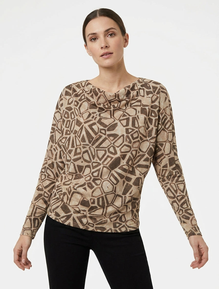 Iridescente top met watervalhals en grafische print - Bruin