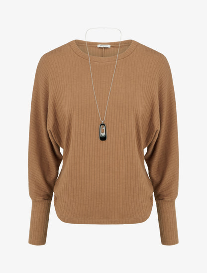 Pull côtelé à manches longues style chuave-souris - Camel - 1