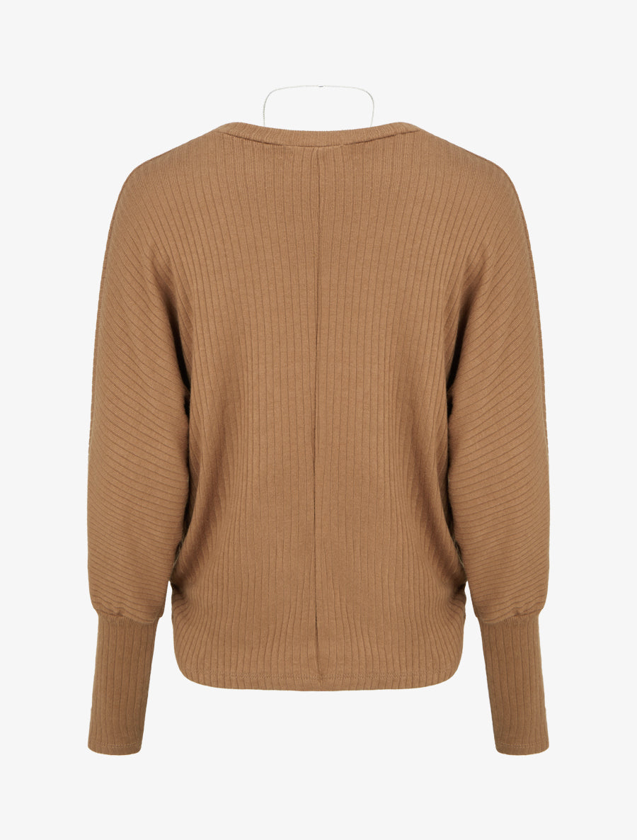 Pull côtelé à manches longues style chuave-souris - Camel - 2
