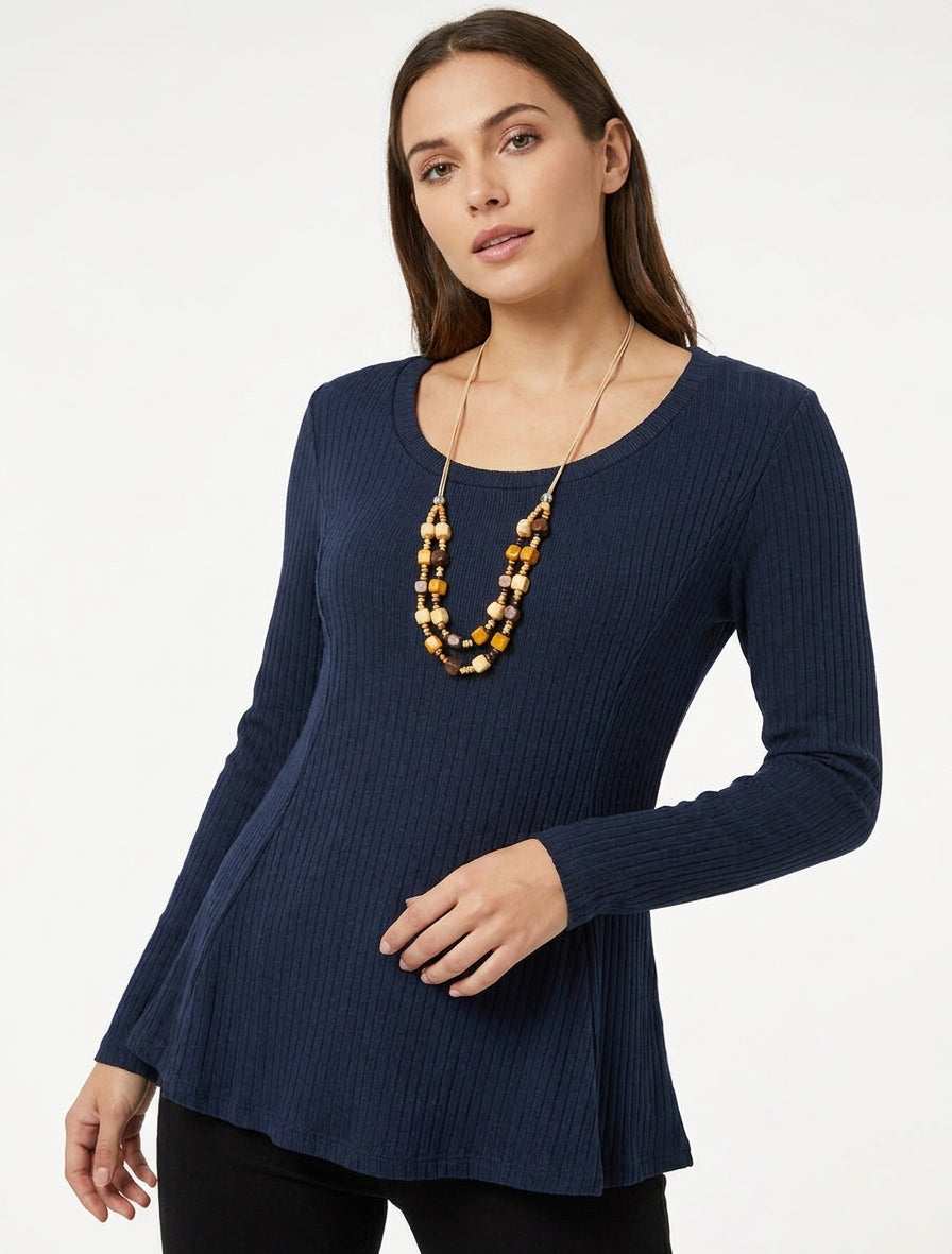 Pull côtelé coupe évasée à col rond - Marine