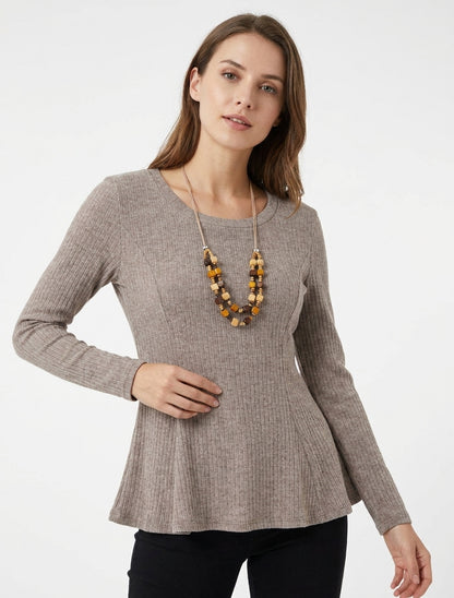 Pull côtelé coupe évasée à col rond - Taupe