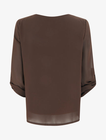Top uni en voile à manches retroussables - Marron - 2