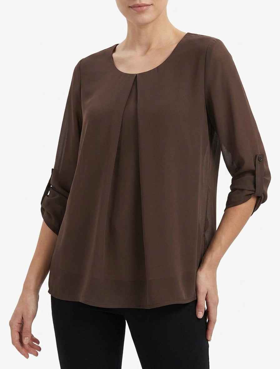 Top uni en voile à manches retroussables - Marron