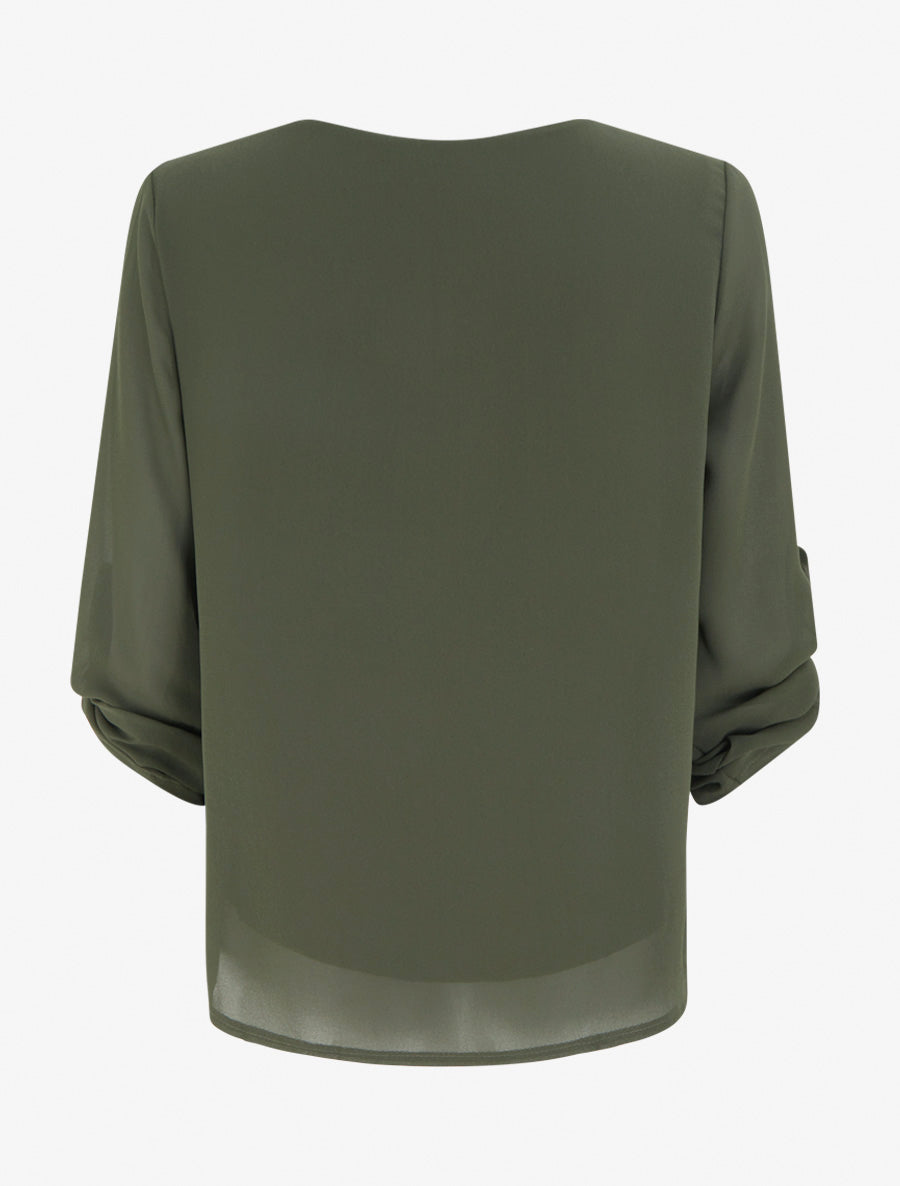 Top uni en voile à manches retroussables - Kaki - 2