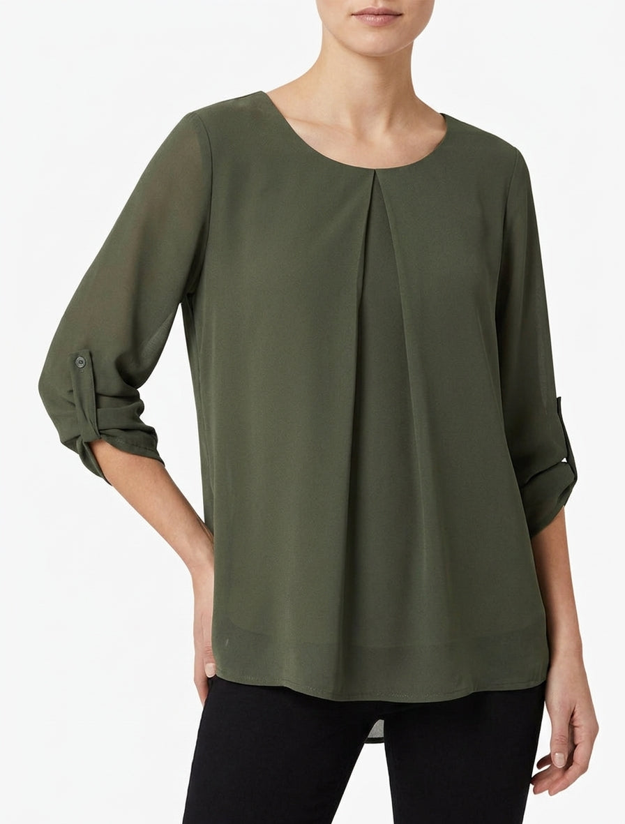 Top uni en voile à manches retroussables - Kaki