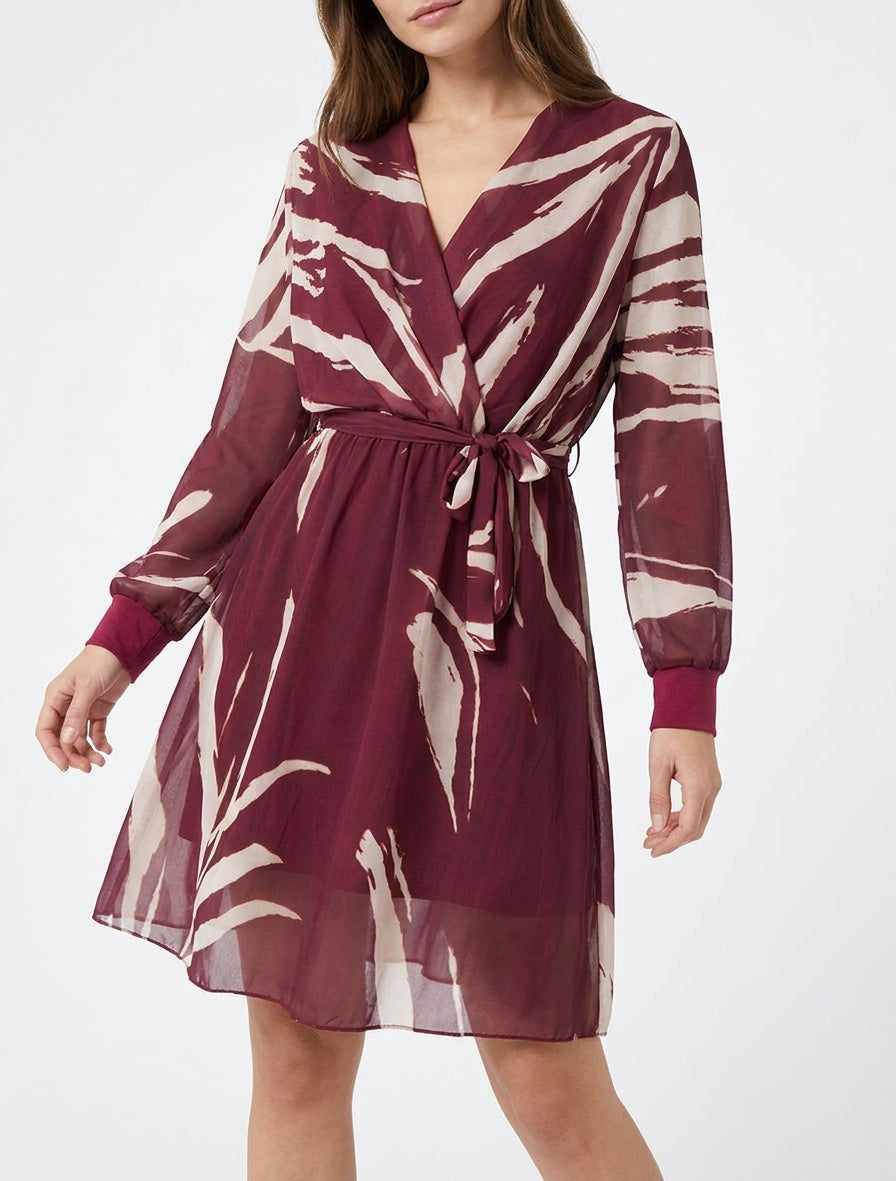 Robe évasée à imprimé abstrait - Lie de vin
