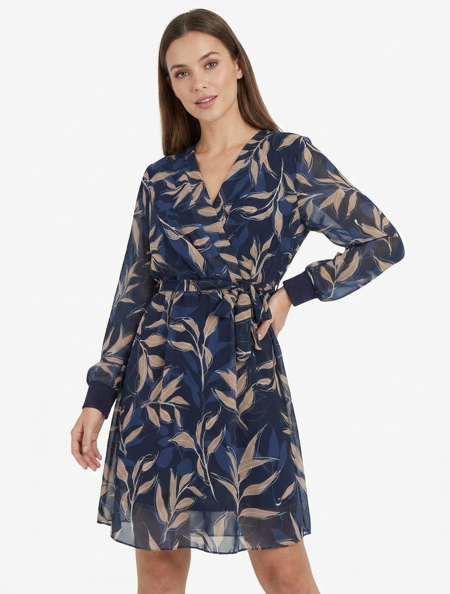 Robe droite à imprimé feuillages - Marine