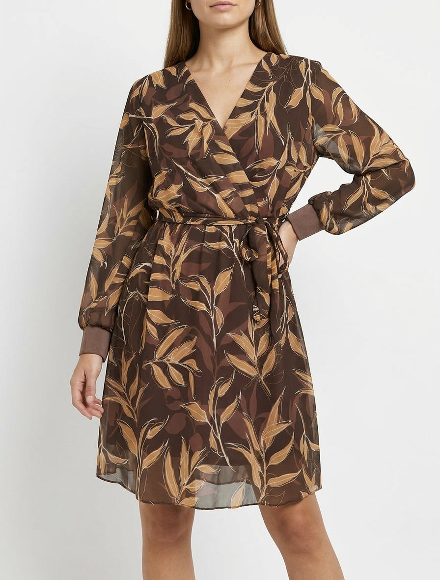 Robe droite à imprimé feuillages - Marron