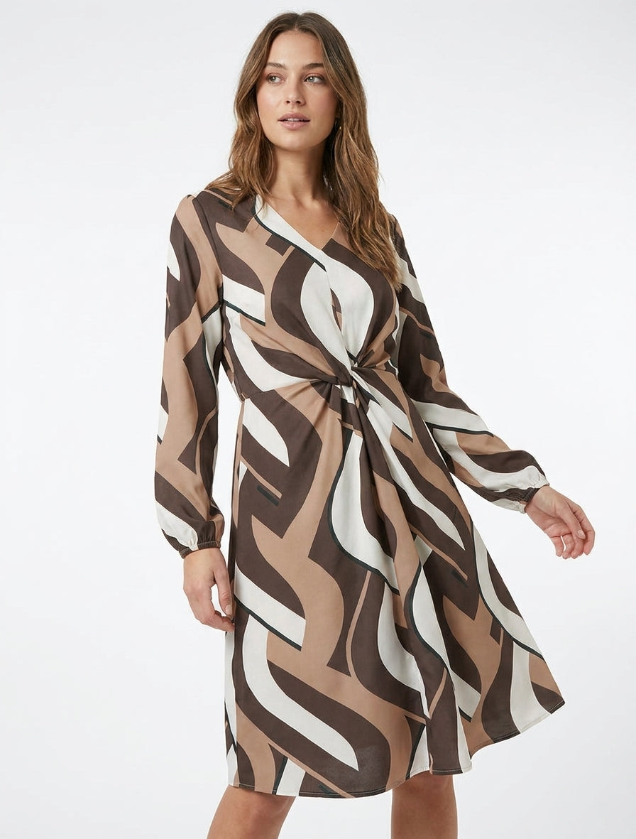 Jurk met lange mouwen en grafische print - Bruin