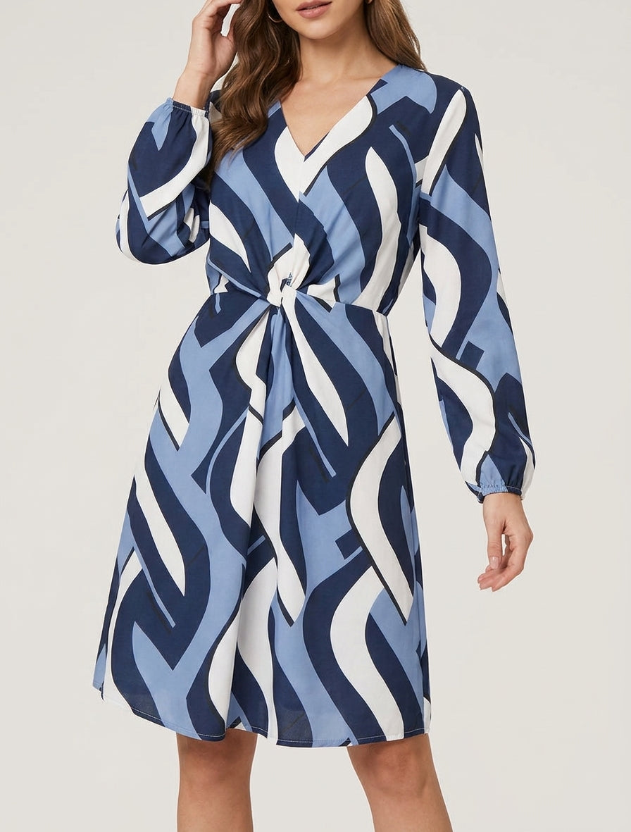 Jurk met lange mouwen en grafische print - Marine