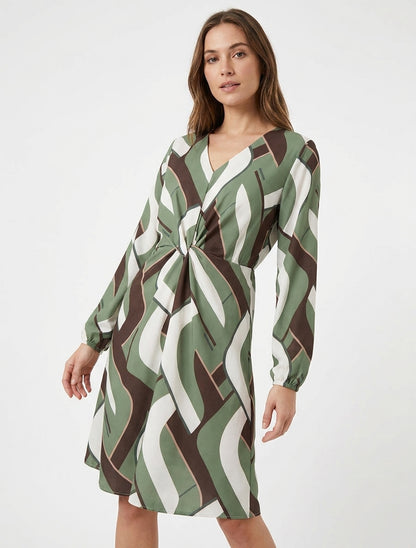 Jurk met lange mouwen en grafische print - Kaki