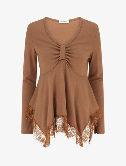 Pull fin bords asymétriques en dentelle - Camel - 1