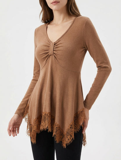 Pull fin bords asymétriques en dentelle - Camel