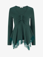 Pull fin bords asymétriques en dentelle - Vert foncé - 1