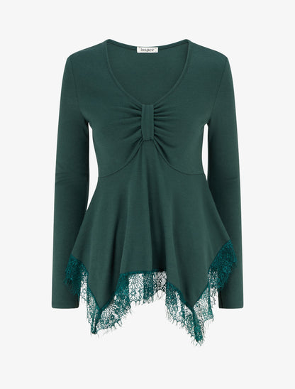 Pull fin bords asymétriques en dentelle - Vert foncé - 1