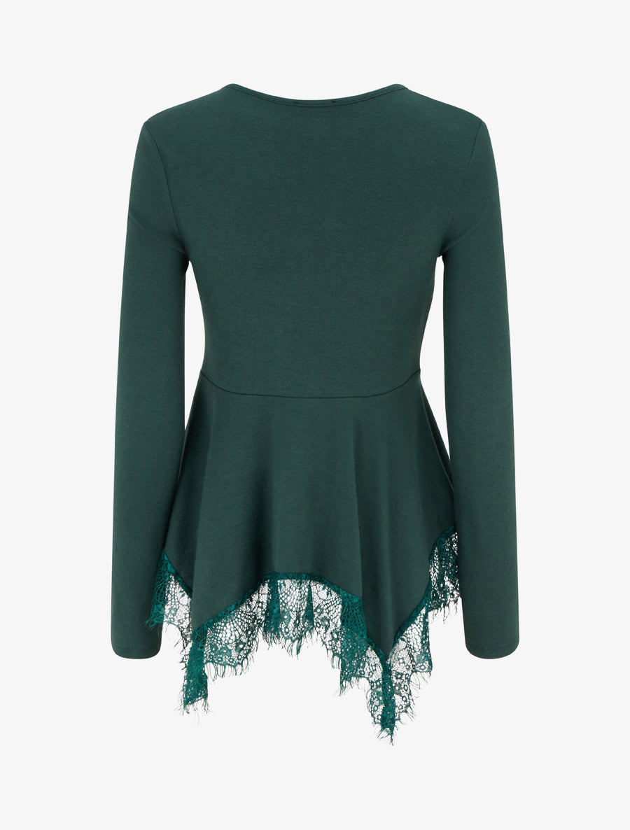 Pull fin bords asymétriques en dentelle - Vert foncé - 2