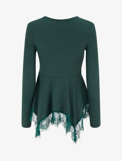 Pull fin bords asymétriques en dentelle - Vert foncé - 2