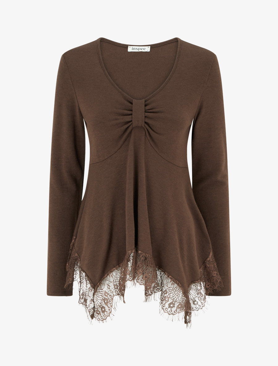 Pull fin bords asymétriques en dentelle - Marron - 1