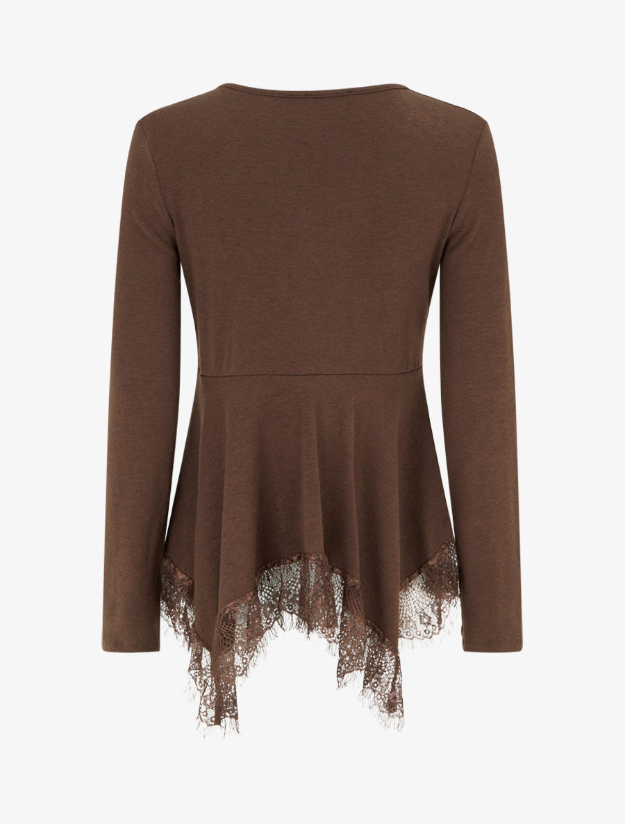 Pull fin bords asymétriques en dentelle - Marron - 2