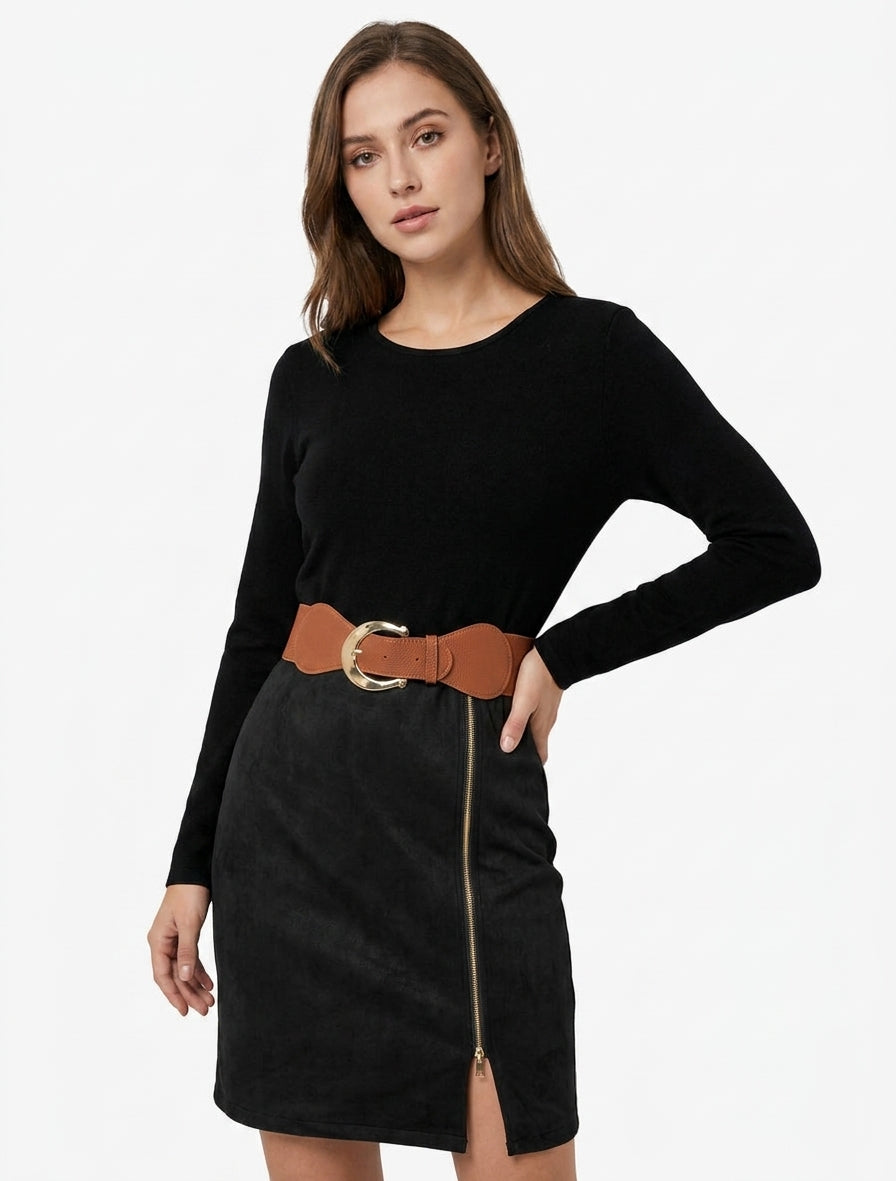 Robe droite en maille et suédine à manches longues et zip - Noir
