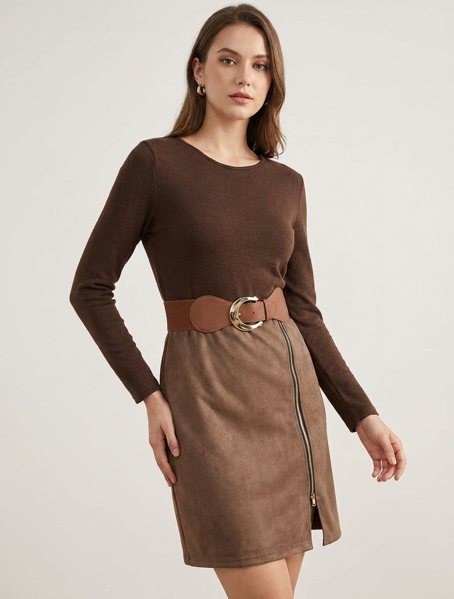 Robe droite en maille et suédine à manches longues et zip - Marron