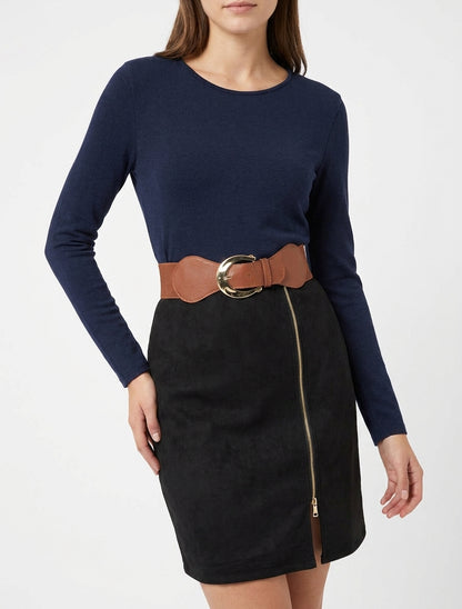 Robe droite en maille et suédine à manches longues et zip - Marine/noir