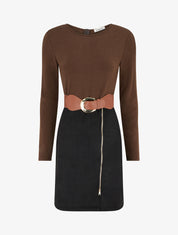 Robe droite en maille et suédine à manches longues et zip - Marron/noir - 1