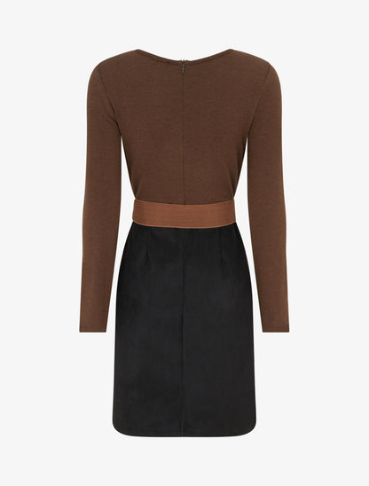 Robe droite en maille et suédine à manches longues et zip - Marron/noir - 2
