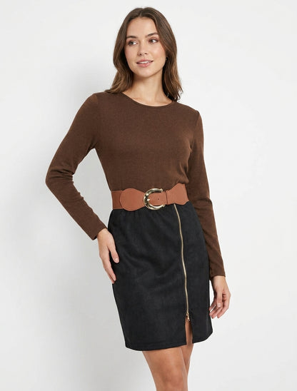 Robe droite en maille et suédine à manches longues et zip - Marron/noir