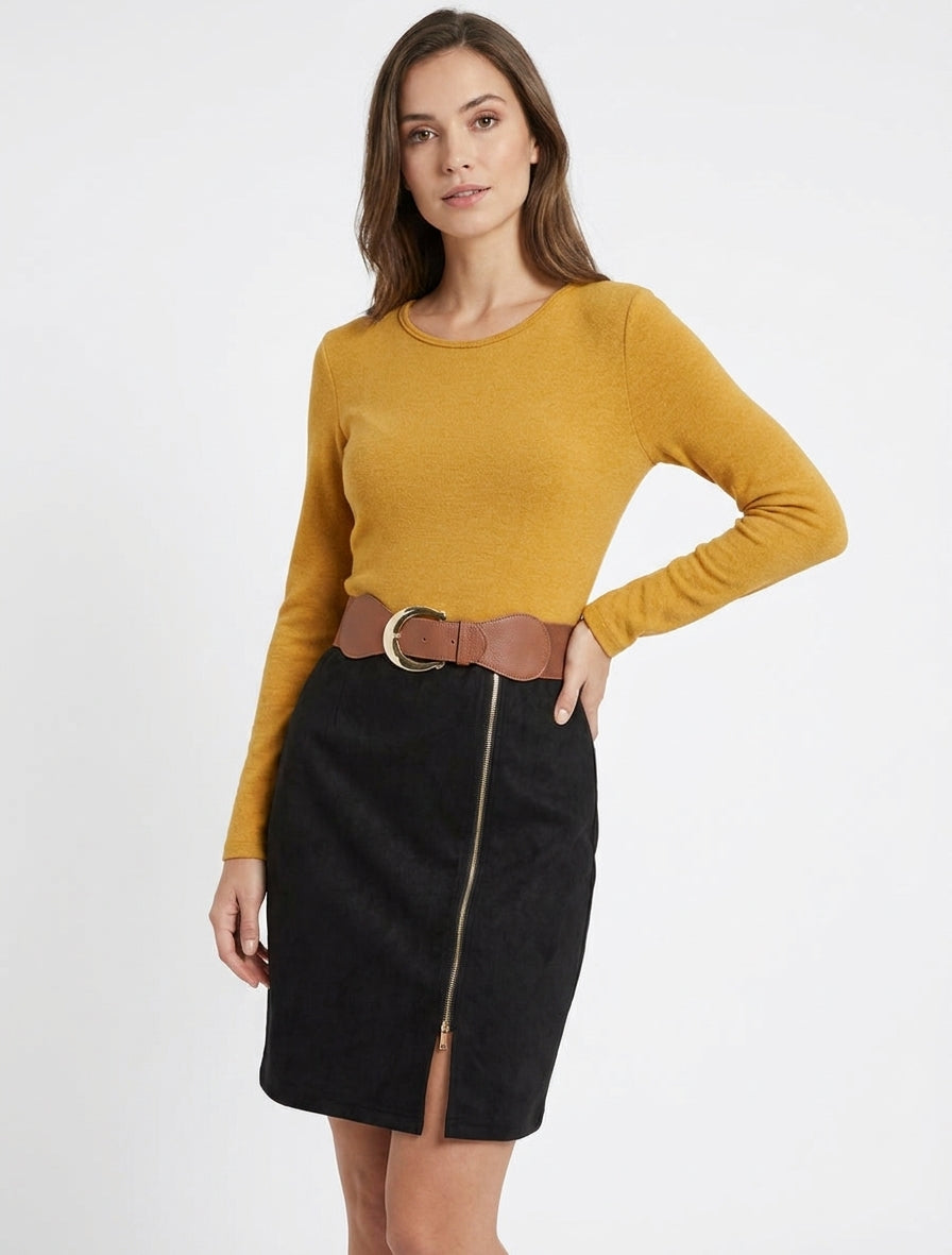 Robe droite en maille et suédine à manches longues et zip - Moutarde