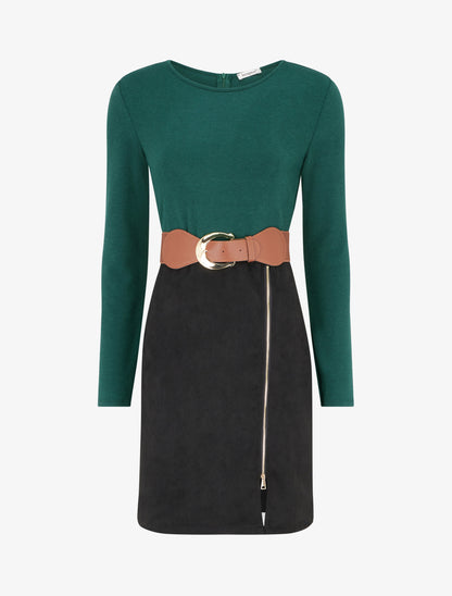 Robe droite en maille et suédine à manches longues et zip - Vert foncé - 1