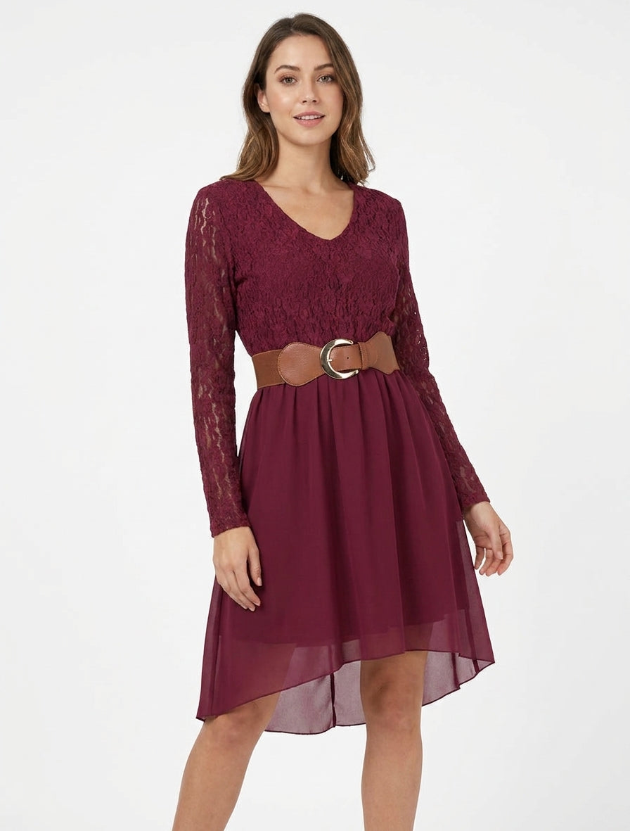 Robe évasée à buste en dentelle - Lie de vin