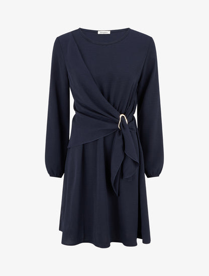 Robe évasée manches longues à pan drapé et bijou - Marine - 1