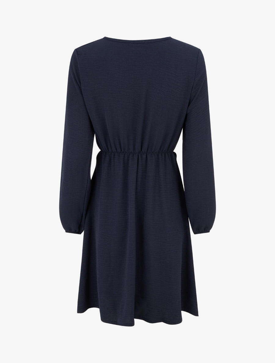 Robe évasée manches longues à pan drapé et bijou - Marine - 2